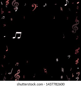 Pink flying musical notes isolated on black background. Red musical notation symphony signs, notes for sound and tune music. Vector symbols for melody recording, prints and back layers.