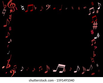 Pink flying musical notes isolated on black background. Stylish musical notation symphony signs, notes for sound and tune music. Vector symbols for melody recording, prints and back layers.