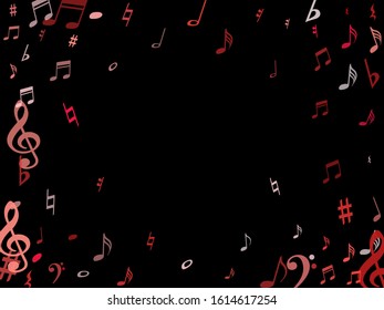 Pink flying musical notes isolated on black backdrop. Stylish musical notation symphony signs, notes for sound and tune music. Vector symbols for melody recording, prints and back layers.