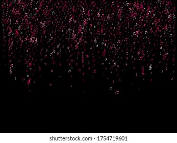 Pink flying musical notes isolated on black background. Purple musical notation symphony signs, notes for sound and tune music. Vector symbols for melody recording, prints and back layers.