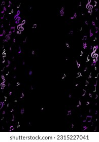 rosafarbene fliegende musikalische Noten einzeln auf schwarzem Hintergrund. Klare Notensymphoniezeichen, Noten für Klang und Melodie. Vektorsymbole für Melodie-Aufnahmen, Ausdrucke und Hinterlagen.
