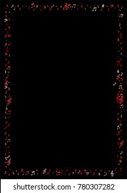 Pink flying musical notes isolated on black background. Red musical notation symphony signs, notes for sound and tune music. Vector symbols frame for melody recording, prints and back layers.