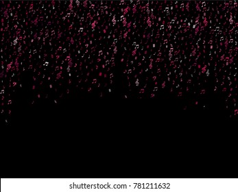 Pink flying musical notes isolated on black background. Stylish musical notation symphony signs, notes for sound and tune music. Vector symbols for melody recording, prints and back layers.