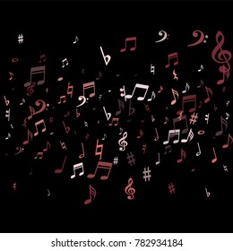 Pink flying musical notes isolated on black backdrop. Red musical notation symphony signs, notes for sound and tune music. Vector symbols for melody recording, prints and back layers.