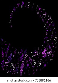 Pink flying musical notes isolated on black background. Red musical notation symphony signs, notes for sound and tune music. Vector symbols for melody recording, prints and back layers.