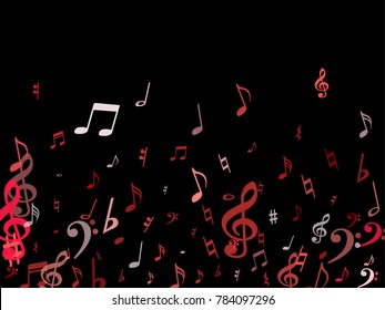 Pink flying musical notes isolated on black backdrop. Fresh musical notation symphony signs, notes for sound and tune music. Vector symbols for melody recording, prints and back layers.