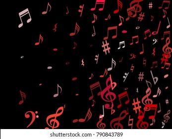 Pink flying musical notes isolated on black backdrop. Red musical notation symphony signs, notes for sound and tune music. Vector symbols for melody recording, prints and back layers.