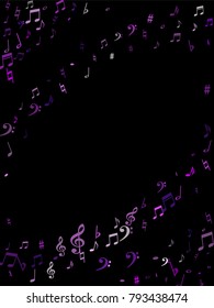 Pink flying musical notes isolated on black backdrop. Cute musical notation symphony signs, notes for sound and tune music. Vector symbols for melody recording, prints and back layers.