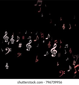 Pink flying musical notes isolated on black backdrop. Purple musical notation symphony signs, notes for sound and tune music. Vector symbols for melody recording, prints and back layers.