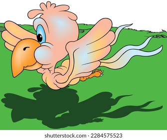 Pink Flying Parrot with Blue eyes from Profile - Colored Cartoon Illustration with Background, Vector