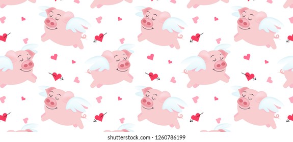 Pink Flying Pig with Cupid Heart Vector Pattern for Valentine's Day.