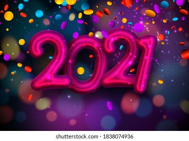 Pink foil balloon 2021 sign with blurred multicolored lights confetti on dark background. Vector holiday illustration.