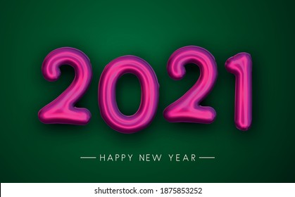 Pink foil balloon 2021 sign on green background. Happy new year sign. Vector holiday illustration.