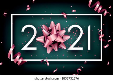 Pink foil metallic bow instead of 0 in 2021 sign. Pink foil metallic stars, circles and serpentine confetti. White square frame. Dark green background. Vector holiday illustration.