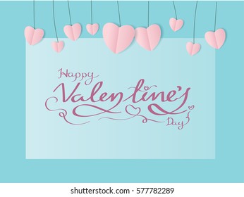 Pink folded paper hearts and happy valentines day handwritten lettering holiday logo design to greeting card, typography poster with modern calligraphy. Retro vintage style. 