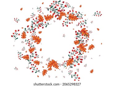 rosafarbene Foliage, weißer Vektorgrafik. Bleibt Cartoon Illustration. Red Berries Herbst. Materialdesign. Rowan Outline.