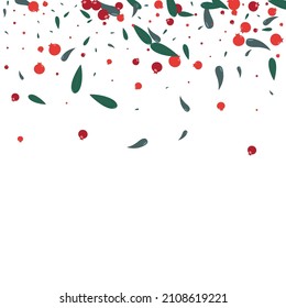 Pink Foliage Background White Vector. Berries Wallpaper Template. Green Leaf Organic. Plant Design. Rowan Label.