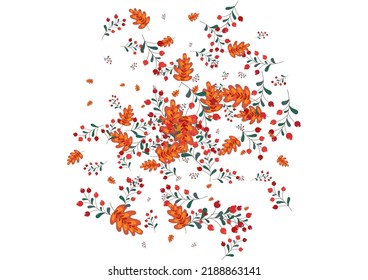 Vector blanco de fondo de follaje rosado. Tarjeta de fondo de escritorio de Berries. Hoja Roja Otoño. Ilustración de octubre. Rowan Floral.