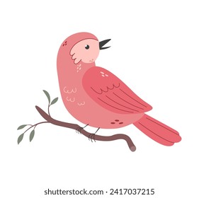 Pink folk bird sitting on the branch on white background. Cute spring cartoon vector illustration. Birdwatching, wildlife