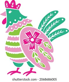 Pink Folk Chicken Vector Illustration set on white background. Perfect for any folk project or farm theme. Suitable for web design, print, Perfectly suited for traditional media and web. 