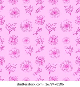 Pink folk floral seamless pattern. Hand drawing vector illustration. Flowers and leaves doodles.