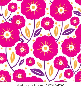 Pink folk flowers and leaves seamless pattern. Great for classic product design, fabric, wallpaper, backgrounds, invitations, packaging design projects. Surface pattern design.