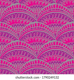 Pink folk style scales seamless pattern for background, wrap, fabric, textile, wrap, surface, web and print design. Indian mood hand drawn vector repeatable motif. 
