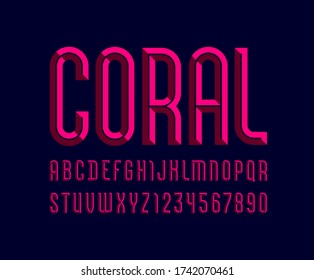 Pink font, bright alphabet from chiseled block, beveled letters and numbers, vector illustration 10eps