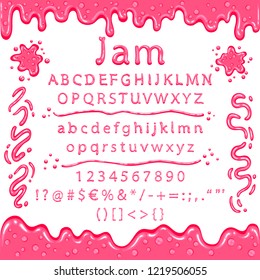 Pink font from marmalade decorated the blots from the jam. Delicious letters with gloss. The font for desserts, food and the etc. Color fill isn't the gradient. Vector illustration. EPS 8.