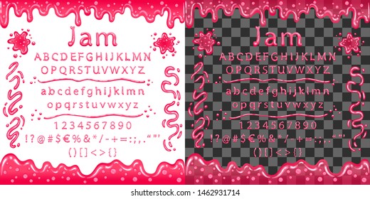 Pink font from marmalade decorated the blots from jam. Letters with gloss. On grey background there is no transparency, on the other there is. White background transparent in EPS. Vector illustration.