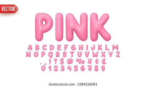 Pink Font realistic 3d design. Complete alphabet and numbers from 0 to 9. Collection Glossy letters in cartoon style. Fonts voluminous inflated from balloon. Vector illustration svg