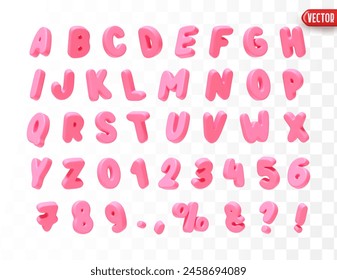 Pink Font realistic 3d design. Complete alphabet and numbers from 0 to 9. Collection of large letters in cartoon style. Fonts are voluminous with different slants. Vector illustration