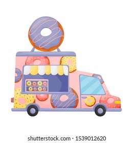 Pink food truck with donuts. Vector illustration on a white background.