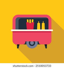 Pink food truck with french fries, ketchup and mustard on a yellow background with a long shadow