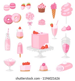 Pink food vector pinkish cake with sweet strawberry dessert with pinky drinks on birthday party illustration girlish set of donut or ice cream isolated on white background