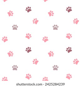 Pink footprint paws vector seamless pattern. Step, footstep, track background, wallpaper, print, textile, fabric, wrapping paper, packaging design