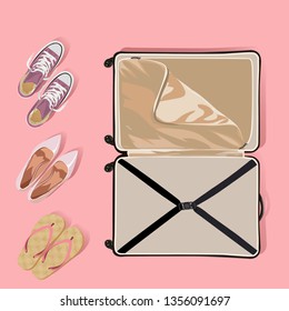 Pink footwear. Suitcase. Set. Vector illustration. On a pink background
