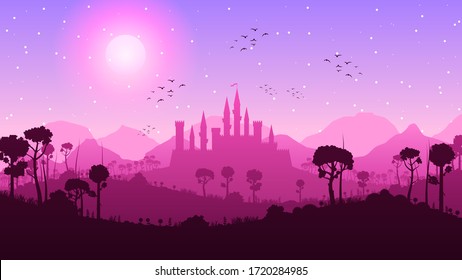 Pink Forest Background Vector Silhouette With Castle Sky Sun Nature