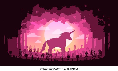 Pink Forest Background Vector Silhouette With Unicorn