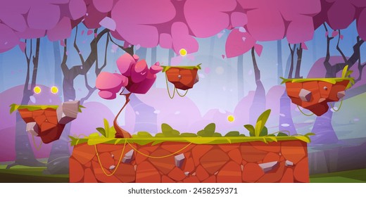 Fondo de juego de bosque rosa con plataformas flotantes. Ilustración de dibujos animados de Vector de árboles de sakura con pétalos de color, pedazos de tierra volando en el jardín de fantasía con monedas de puntuación para recoger, diseño de ui