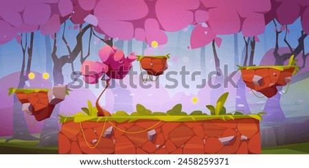Pink forest game background with floating platforms. Vector cartoon illustration of sakura trees with color petals, pieces of land flying in fantasy garden with score coins to collect, ui design