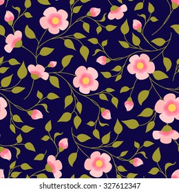 Pink forget-me-not daisy flowers seamless pattern on dark blue background.