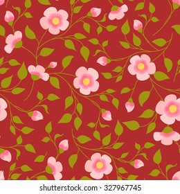 Pink forget-me-not daisy flowers seamless pattern on intense red mulberry background.
