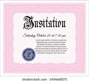 Pink Formal invitation. Detailed. With complex linear background. Money style design. 