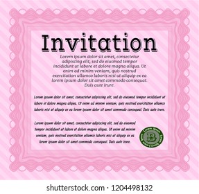 Pink Formal invitation. With great quality guilloche pattern. Elegant design. Detailed. 