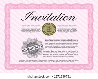 Pink Formal invitation. With great quality guilloche pattern. Vector illustration. Money Pattern. 