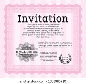 Pink Formal invitation. With great quality guilloche pattern. Detailed. Artistry design. 