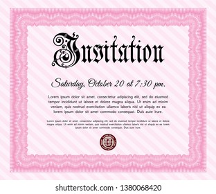 Pink Formal invitation. With great quality guilloche pattern. Detailed. Excellent design. 