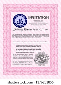 Pink Formal invitation. With guilloche pattern and background. Perfect design. Customizable, Easy to edit and change colors. 