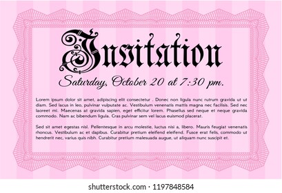 Pink Formal invitation. With guilloche pattern and background. Nice design. Detailed. 